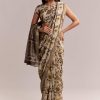 Beige Linen Printed Saree With Hand Block Ajrakh Print