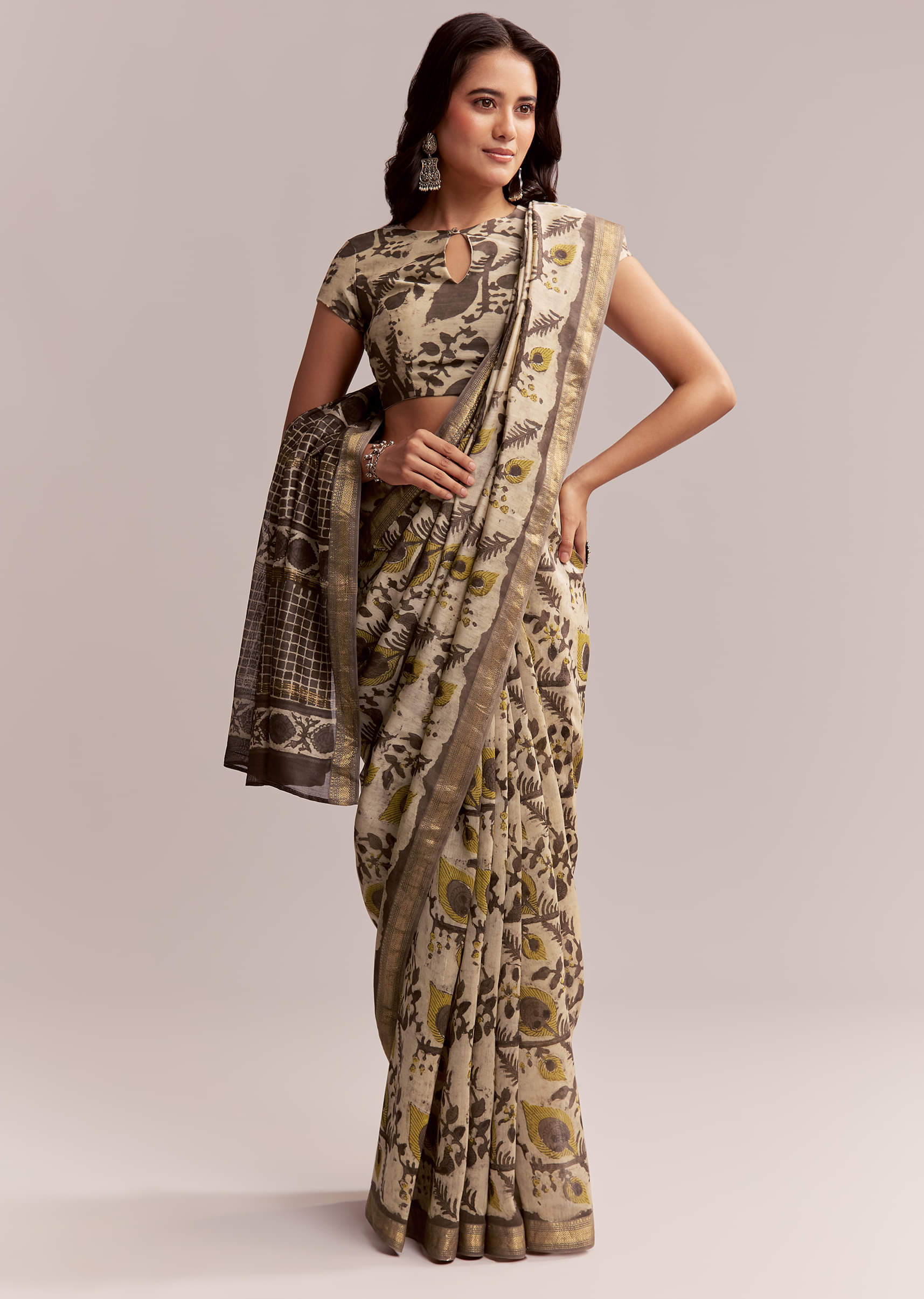16892-beige-linen-printed-saree-with-hand-block-ajrakh-print-1.jpg Beige Linen Printed Saree With Hand Block Ajrakh Print