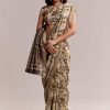 Beige Linen Printed Saree With Hand Block Ajrakh Print