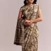 Beige Linen Printed Saree With Hand Block Ajrakh Print