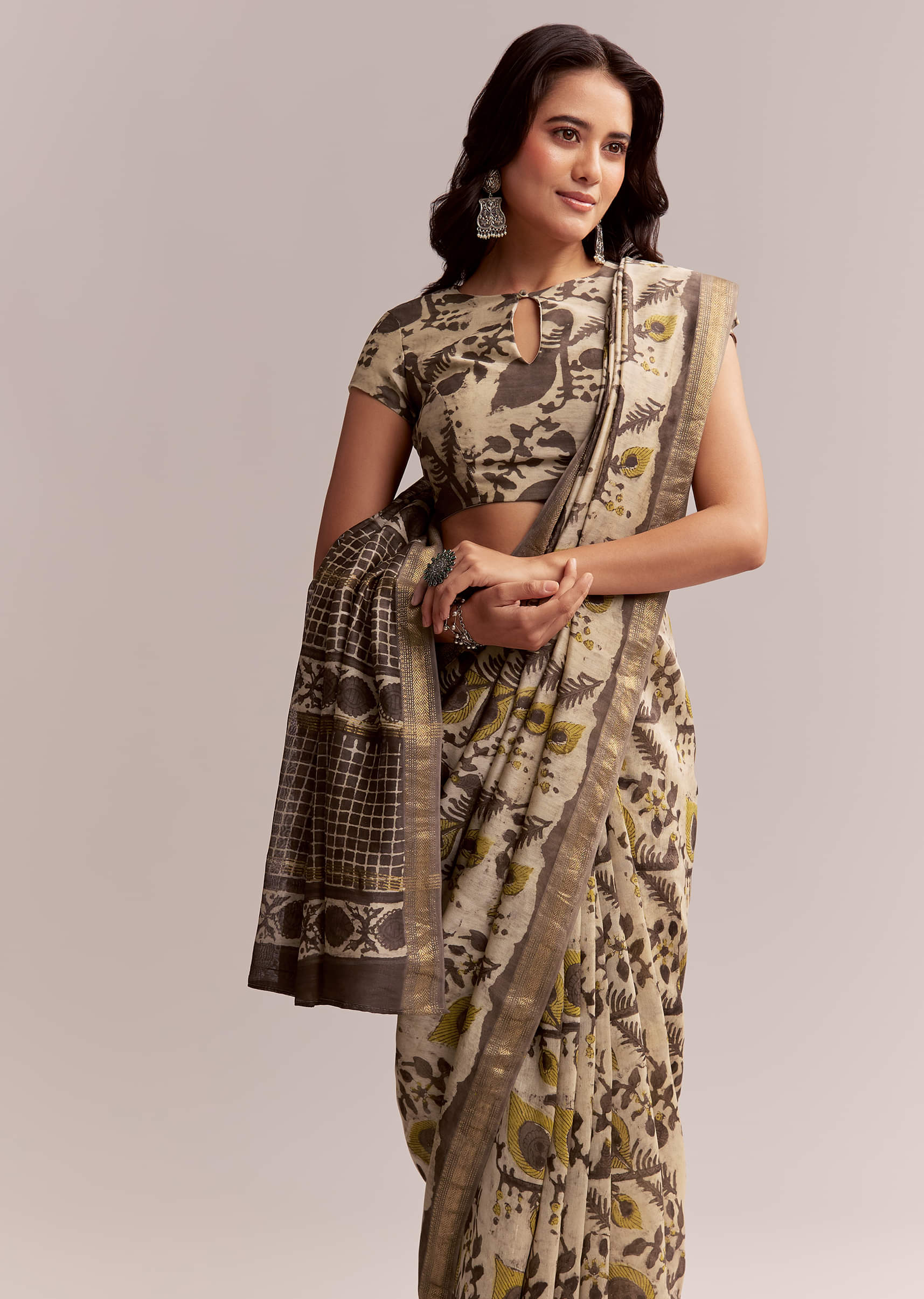 Beige Linen Printed Saree With Hand Block Ajrakh Print