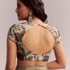 Beige Linen Printed Saree With Hand Block Ajrakh Print