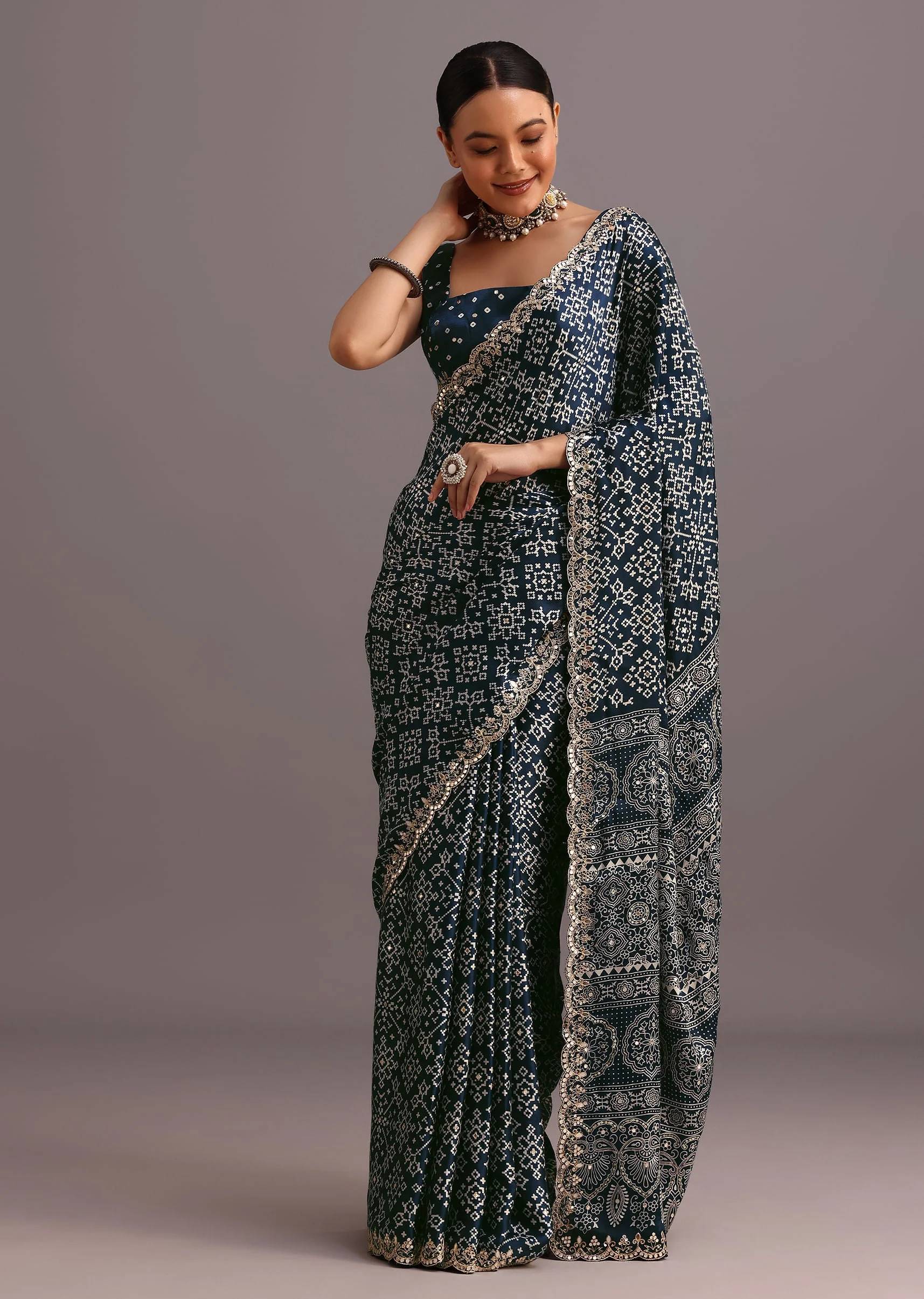16908-blue-indigo-mirror-and-ajrakh-print-embroidered-saree-1.webp Blue Indigo Mirror And Ajrakh Print Embroidered Saree