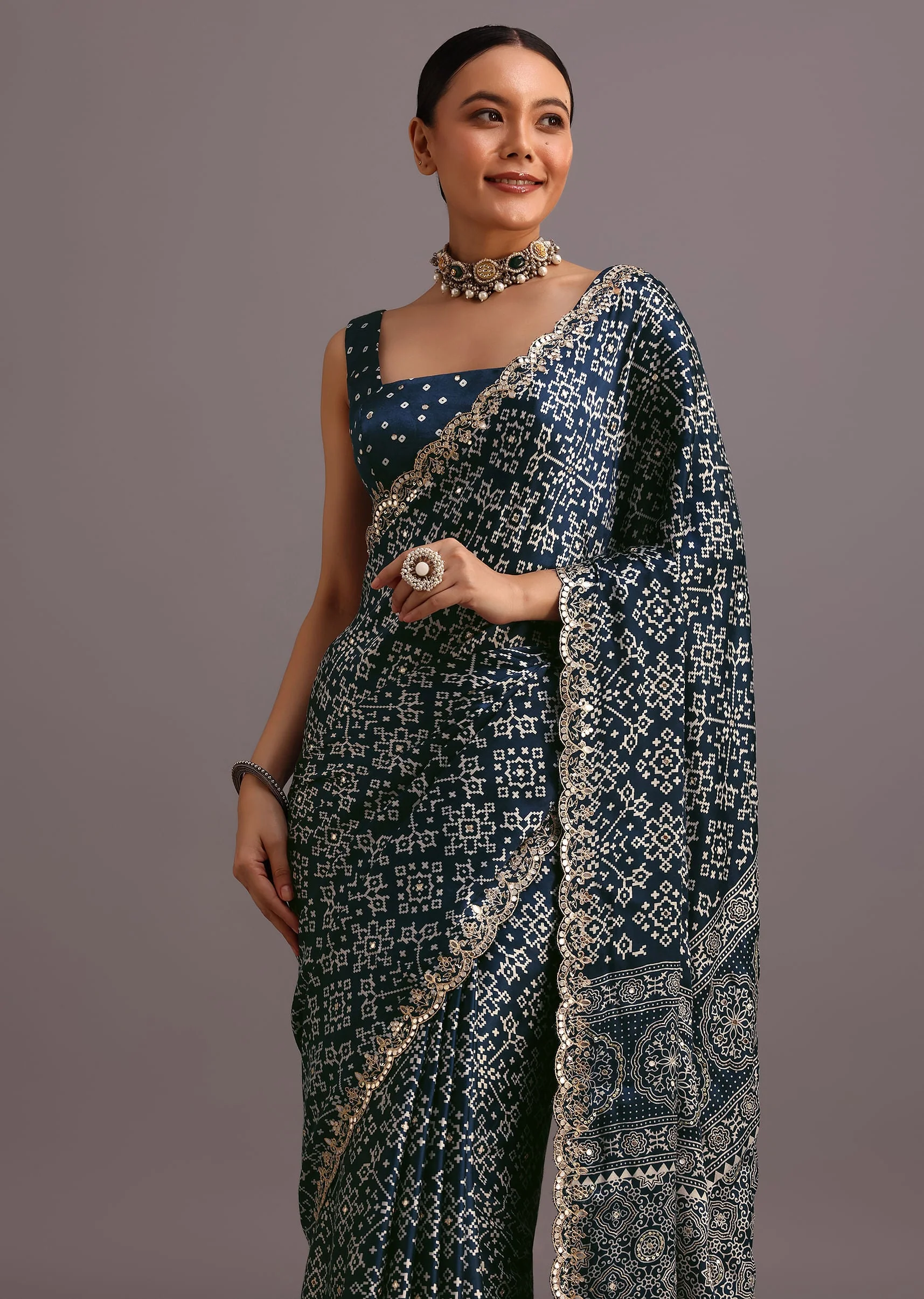 16908-blue-indigo-mirror-and-ajrakh-print-embroidered-saree-2.webp Blue Indigo Mirror And Ajrakh Print Embroidered Saree