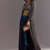Blue Satin Ajrakh Printed Indowestern Croptop Jacket With Mirror Work