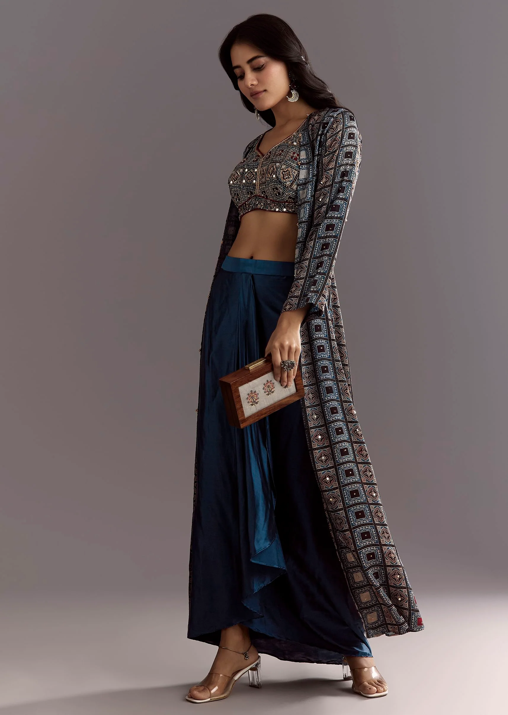 16919-blue-satin-ajrakh-printed-indowestern-croptop-jacket-with-mirror-work-1.webp Blue Satin Ajrakh Printed Indowestern Croptop Jacket With Mirror Work