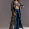 Blue Satin Ajrakh Printed Indowestern Croptop Jacket With Mirror Work