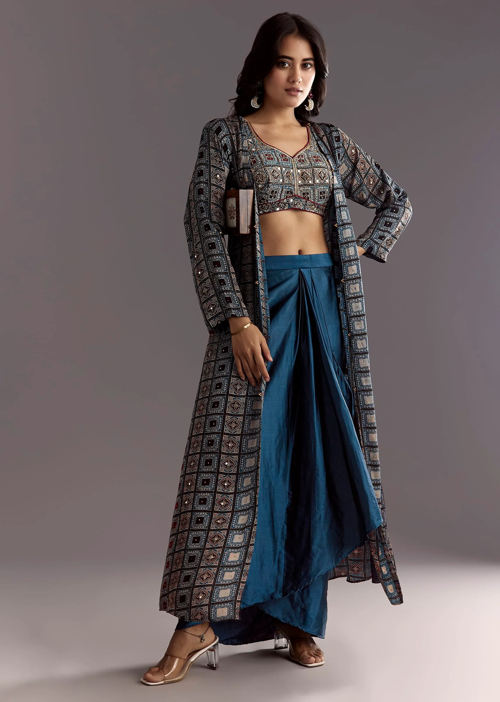 Blue Satin Ajrakh Printed Indowestern Croptop Jacket With Mirror Work