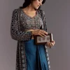 Blue Satin Ajrakh Printed Indowestern Croptop Jacket With Mirror Work