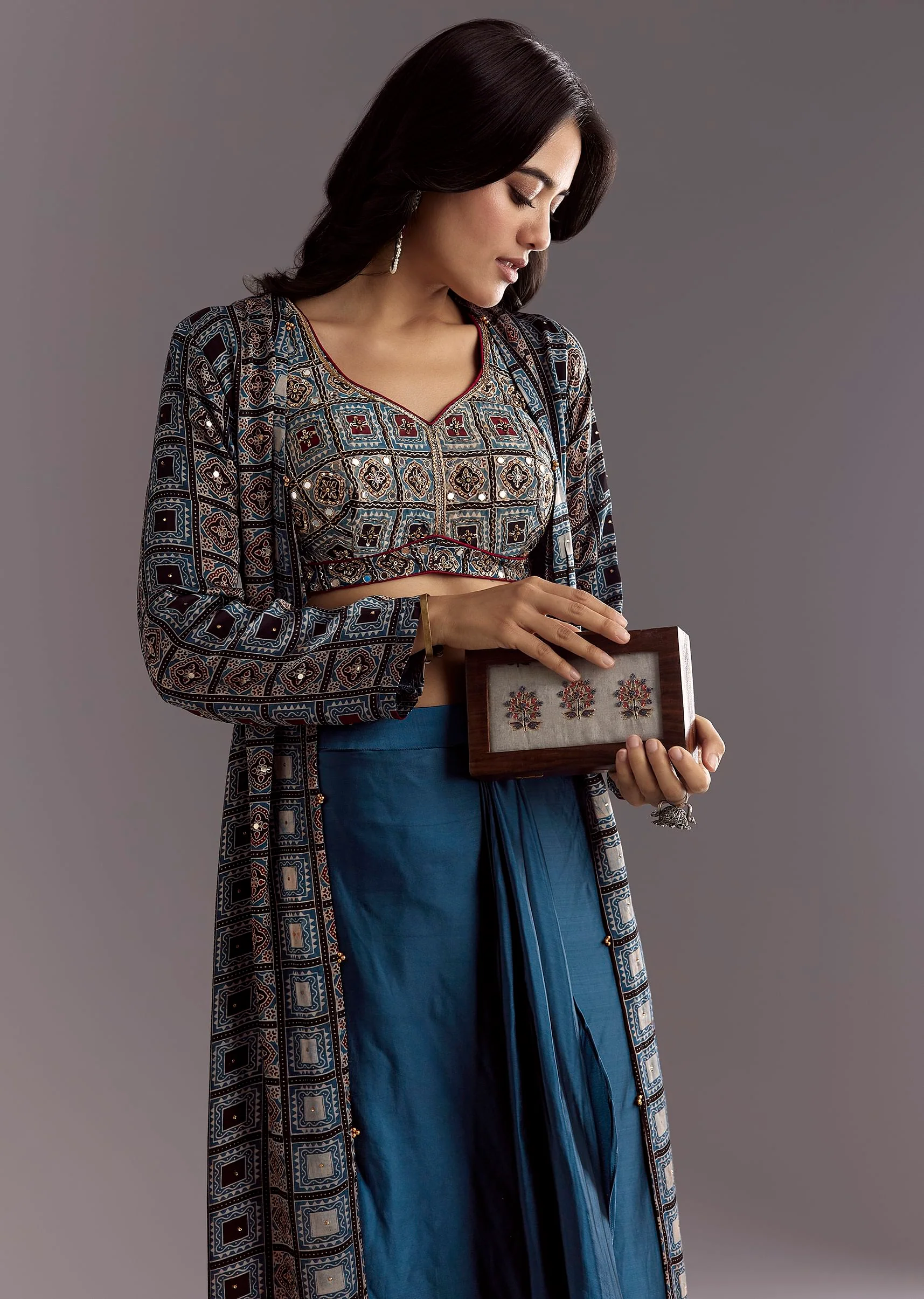 Blue Satin Ajrakh Printed Indowestern Croptop Jacket With Mirror Work