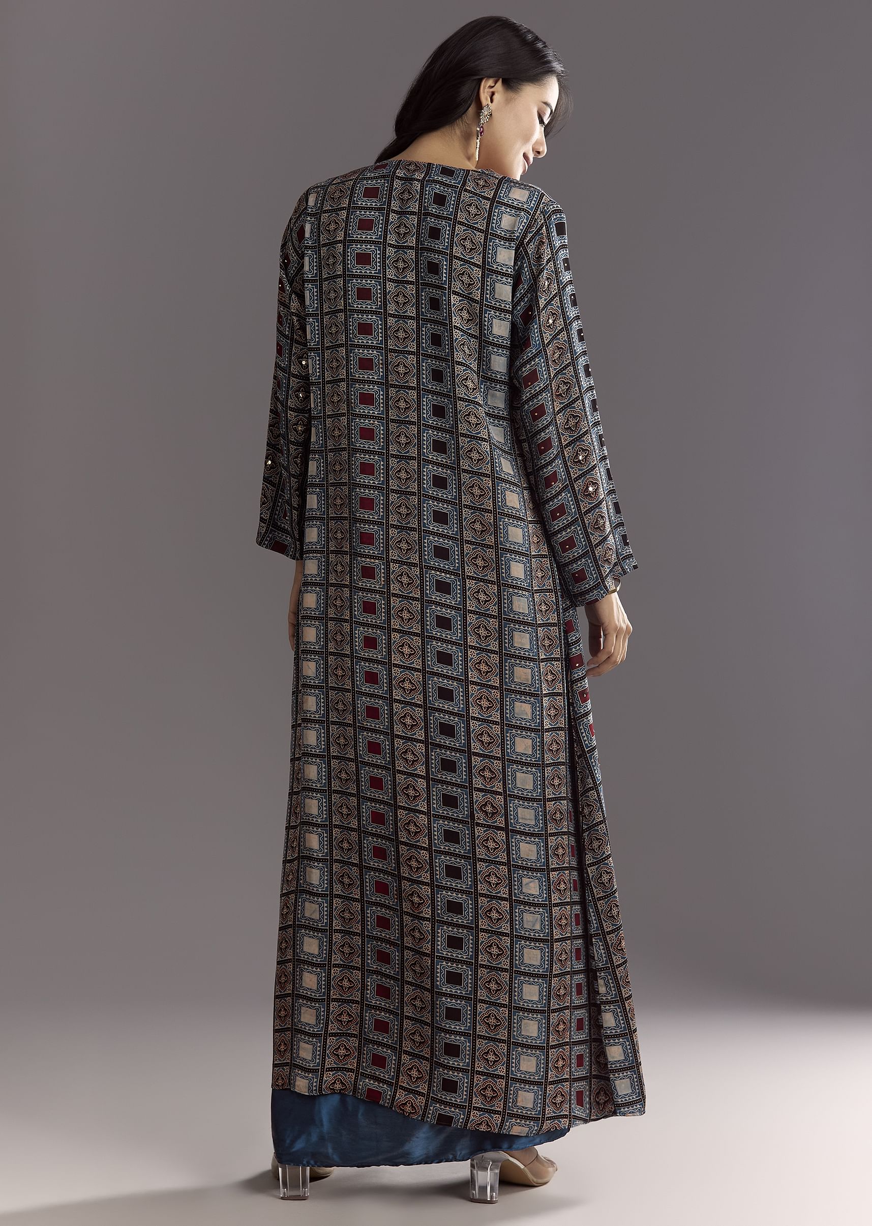 Blue Satin Ajrakh Printed Indowestern Croptop Jacket With Mirror Work