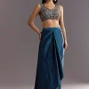 Blue Satin Ajrakh Printed Indowestern Croptop Jacket With Mirror Work