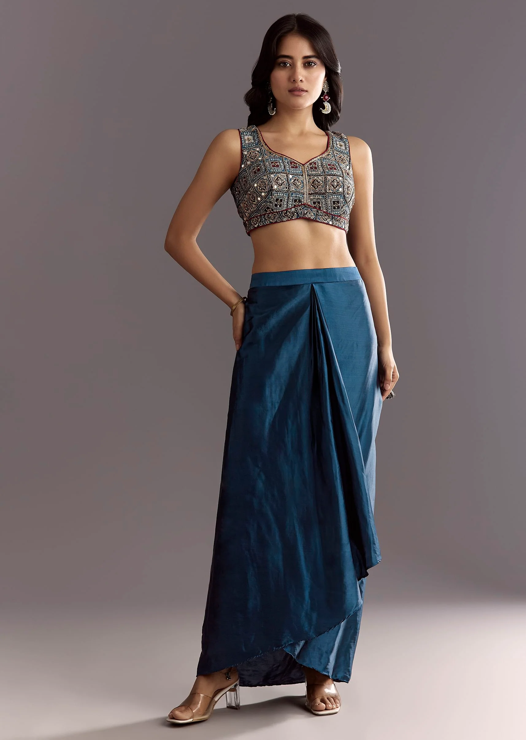 Blue Satin Ajrakh Printed Indowestern Croptop Jacket With Mirror Work