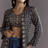 Blue Satin Ajrakh Printed Indowestern Croptop Jacket With Mirror Work