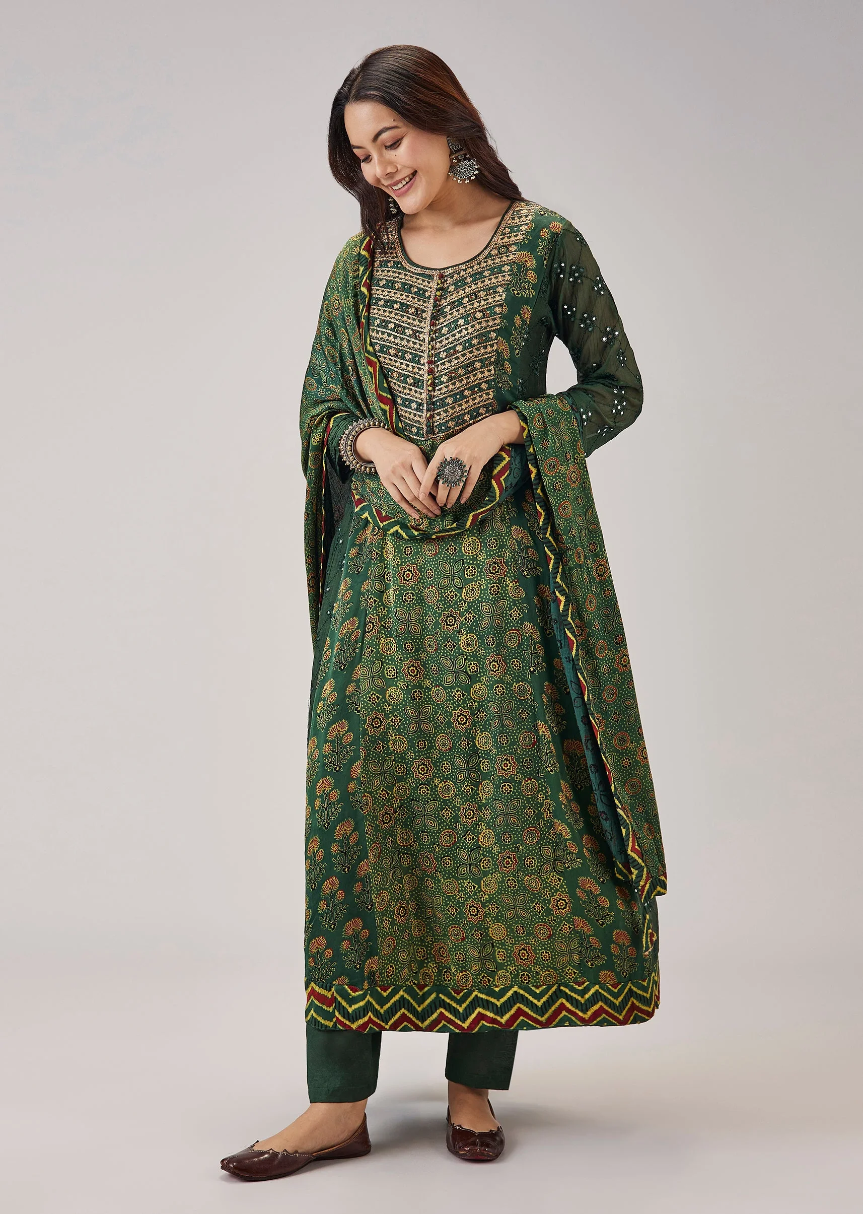Green Printed Chanderi Handwork Anarkali