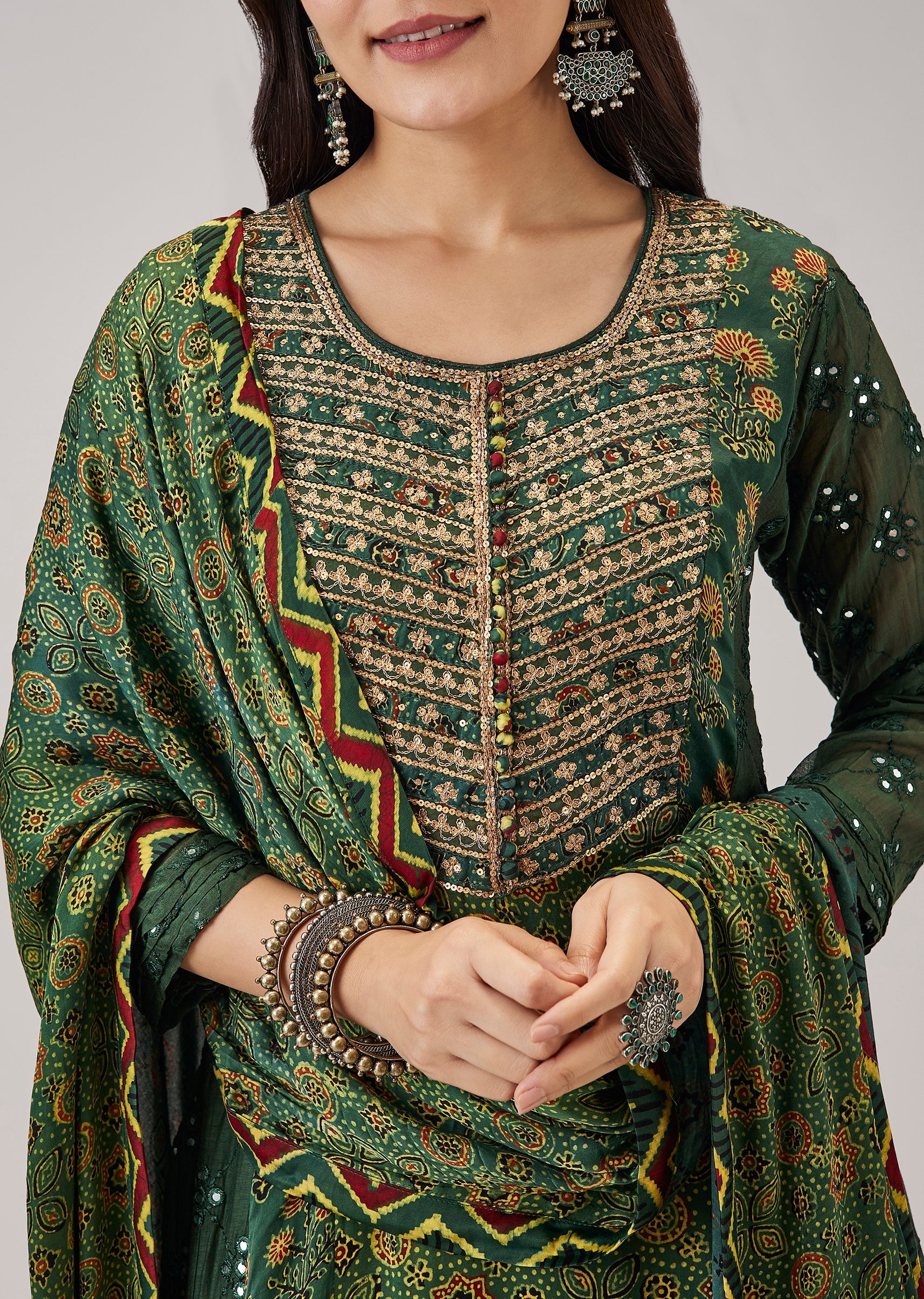 Green Printed Chanderi Handwork Anarkali