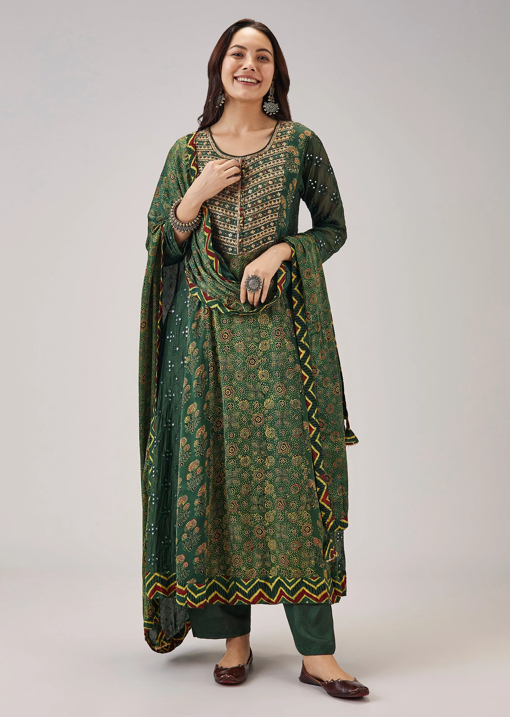 Green Printed Chanderi Handwork Anarkali