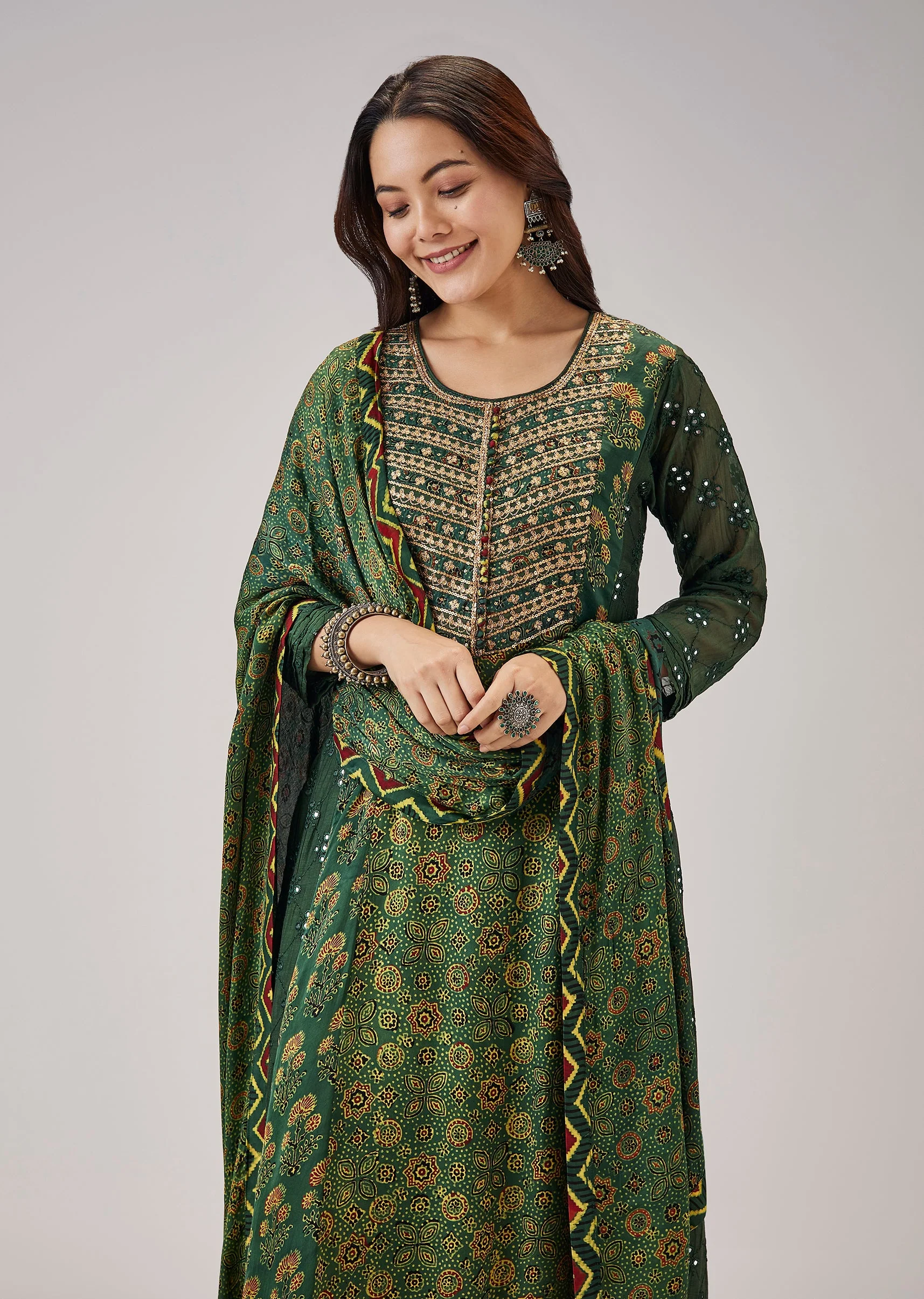 Green Printed Chanderi Handwork Anarkali
