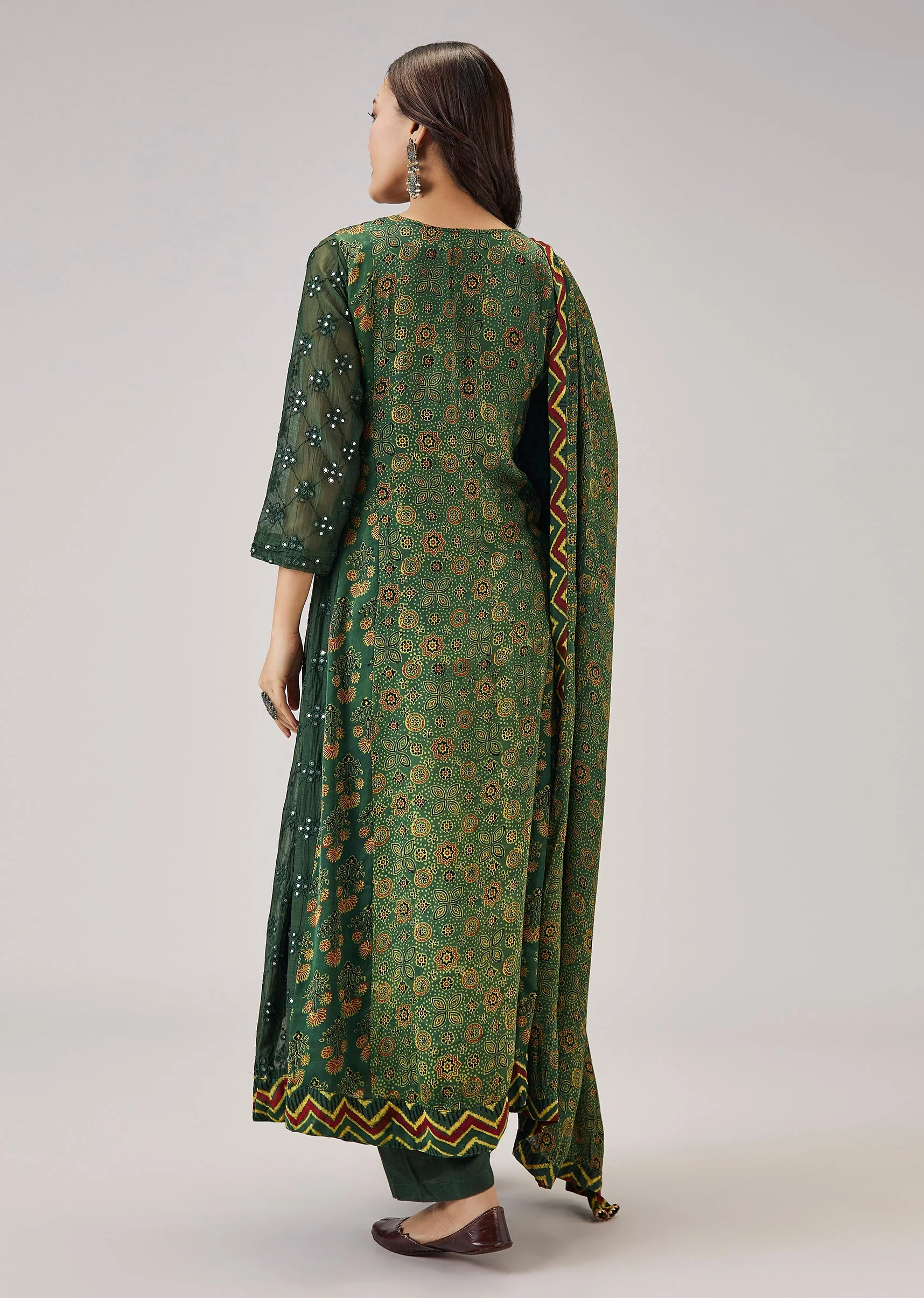 Green Printed Chanderi Handwork Anarkali