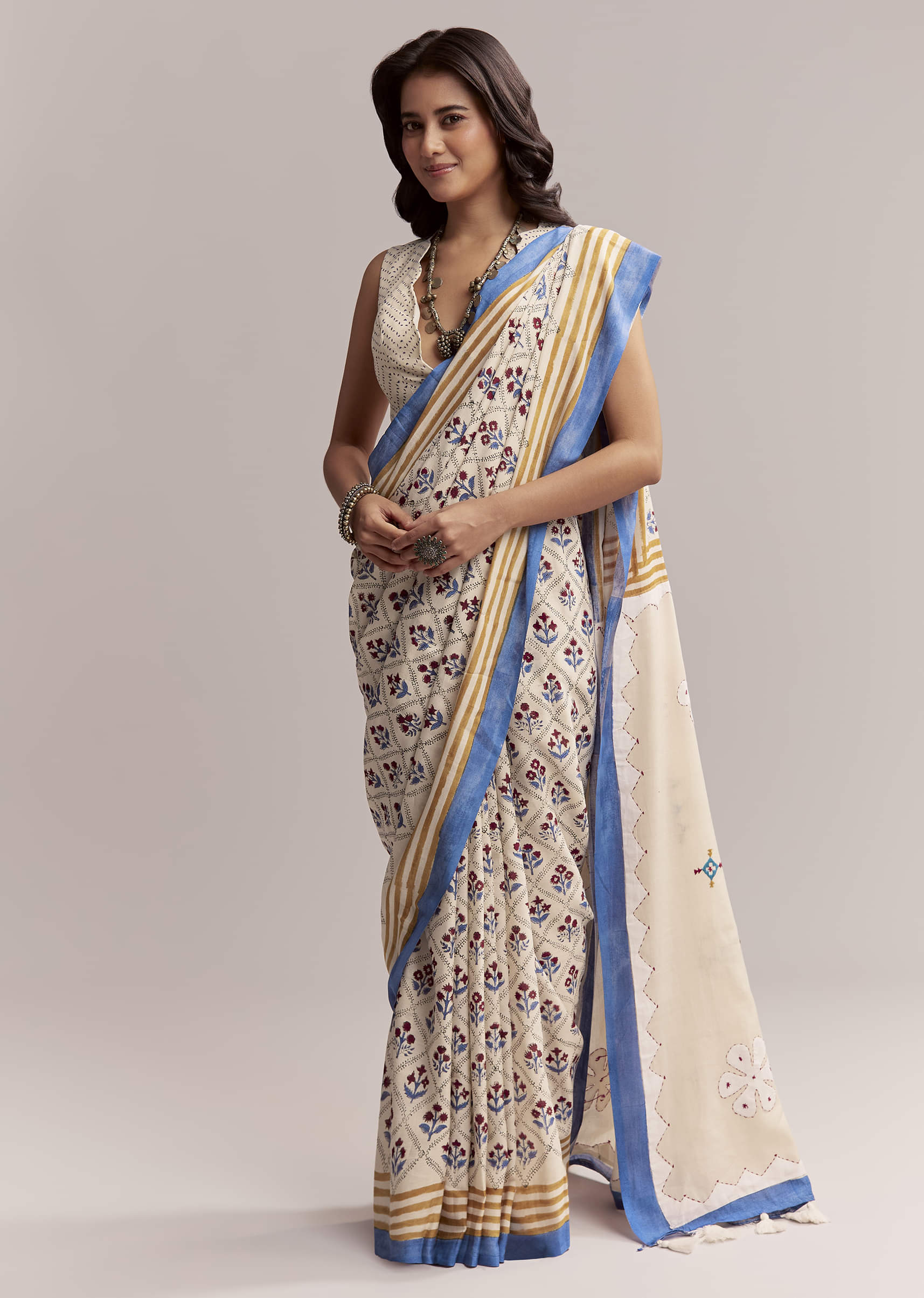 16931-ivory-linen-printed-saree-with-handcrafted-ajrakh-patch-work-1.jpg Ivory Linen Printed Saree With Handcrafted Ajrakh Patch Work
