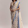 Ivory Linen Printed Saree With Handcrafted Ajrakh Patch Work