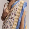 Ivory Linen Printed Saree With Handcrafted Ajrakh Patch Work