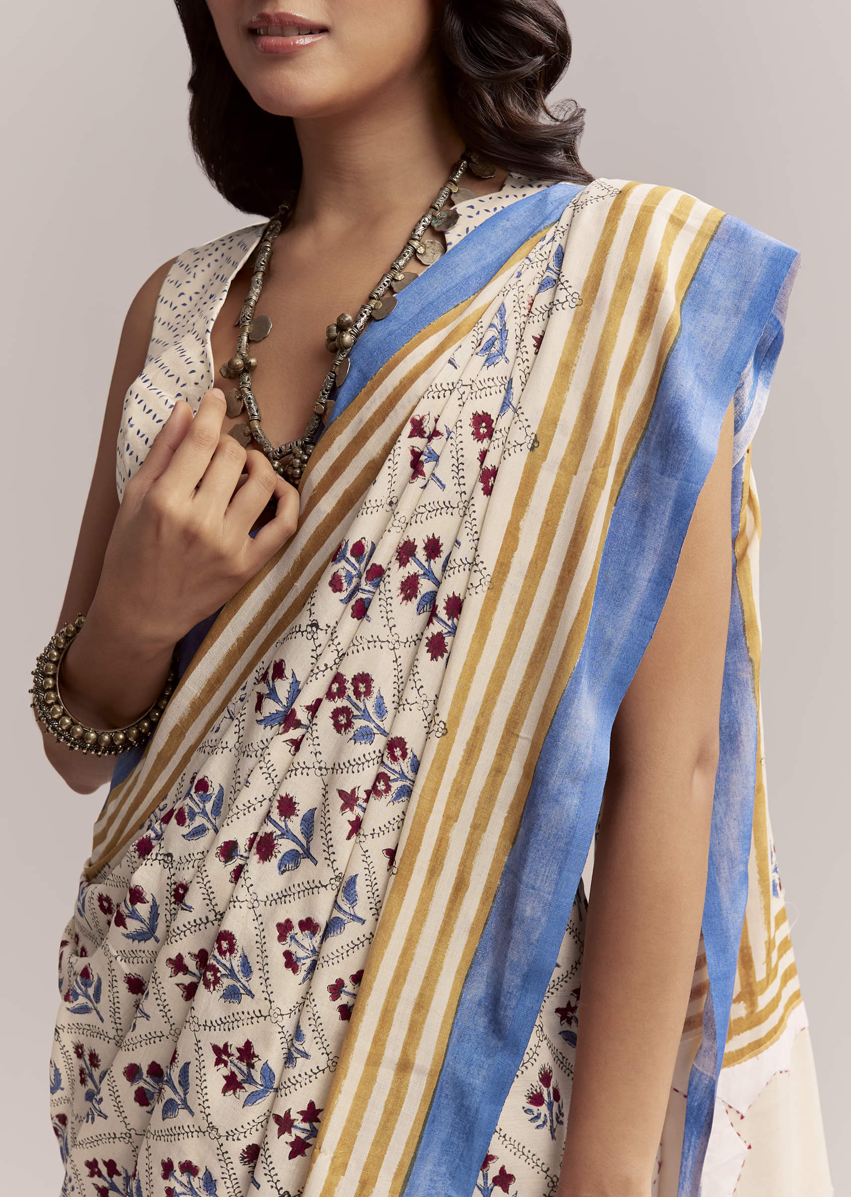 Ivory Linen Printed Saree With Handcrafted Ajrakh Patch Work