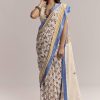 Ivory Linen Printed Saree With Handcrafted Ajrakh Patch Work