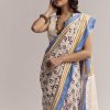 Ivory Linen Printed Saree With Handcrafted Ajrakh Patch Work