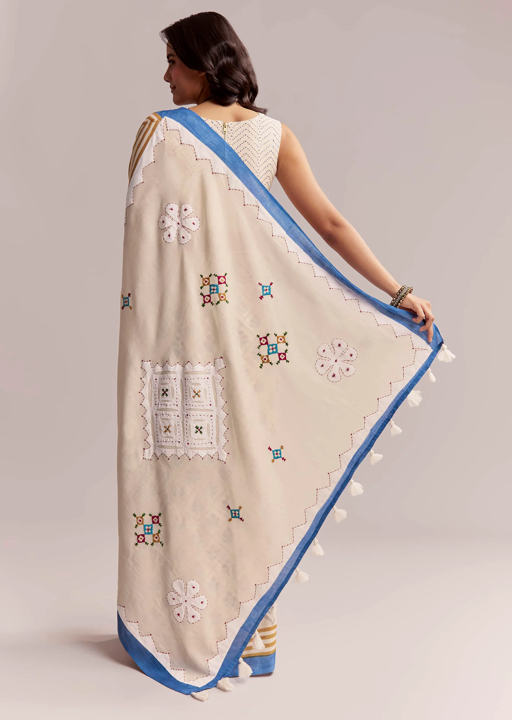 Ivory Linen Printed Saree With Handcrafted Ajrakh Patch Work
