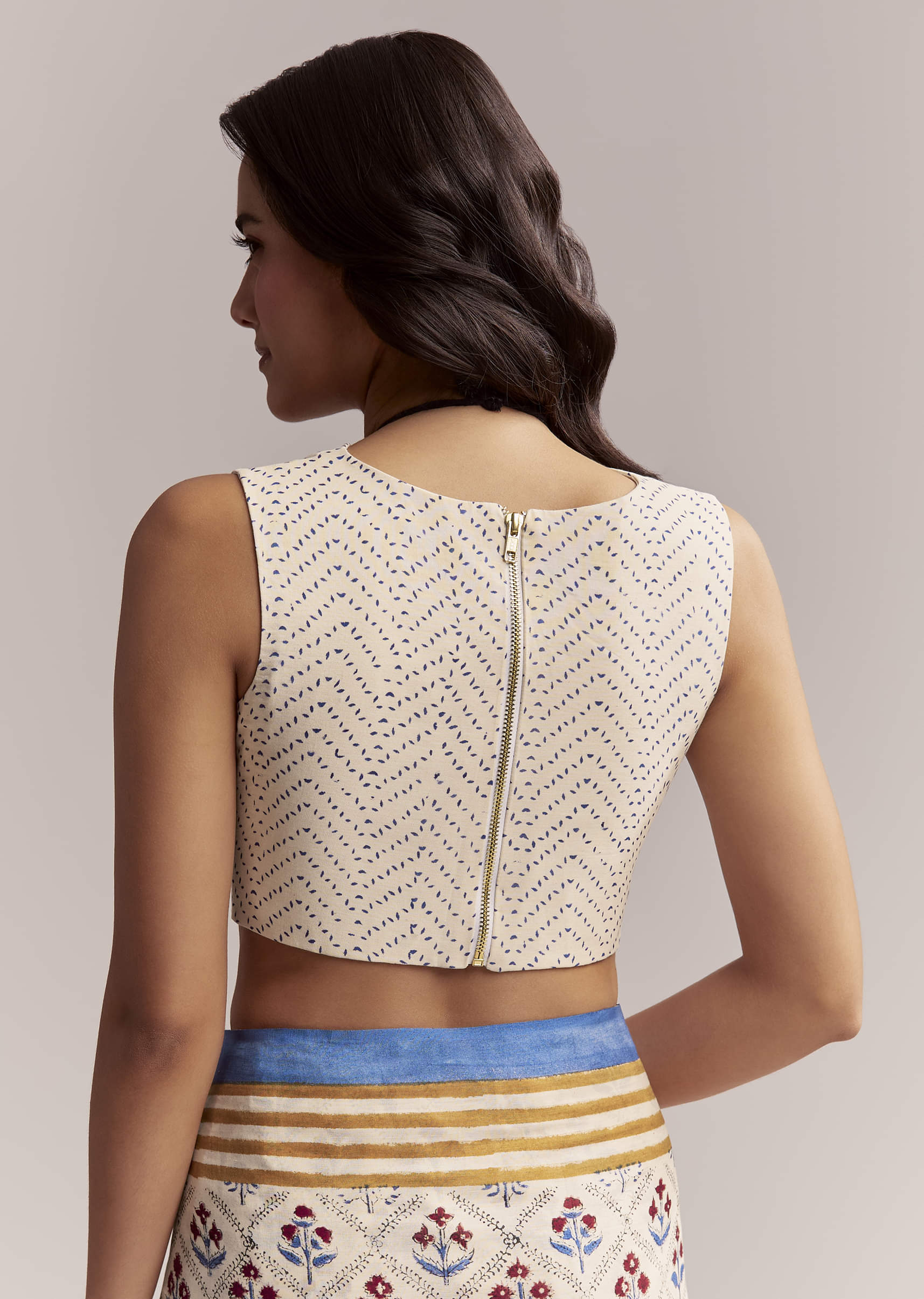 Ivory Linen Printed Saree With Handcrafted Ajrakh Patch Work