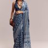 Blue Linen Printed Saree With Heritage Ajrakh Leaf Print