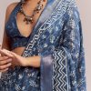 Blue Linen Printed Saree With Heritage Ajrakh Leaf Print