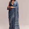 Blue Linen Printed Saree With Heritage Ajrakh Leaf Print