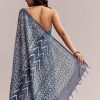 Blue Linen Printed Saree With Heritage Ajrakh Leaf Print