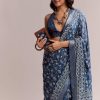 Blue Linen Printed Saree With Heritage Ajrakh Leaf Print