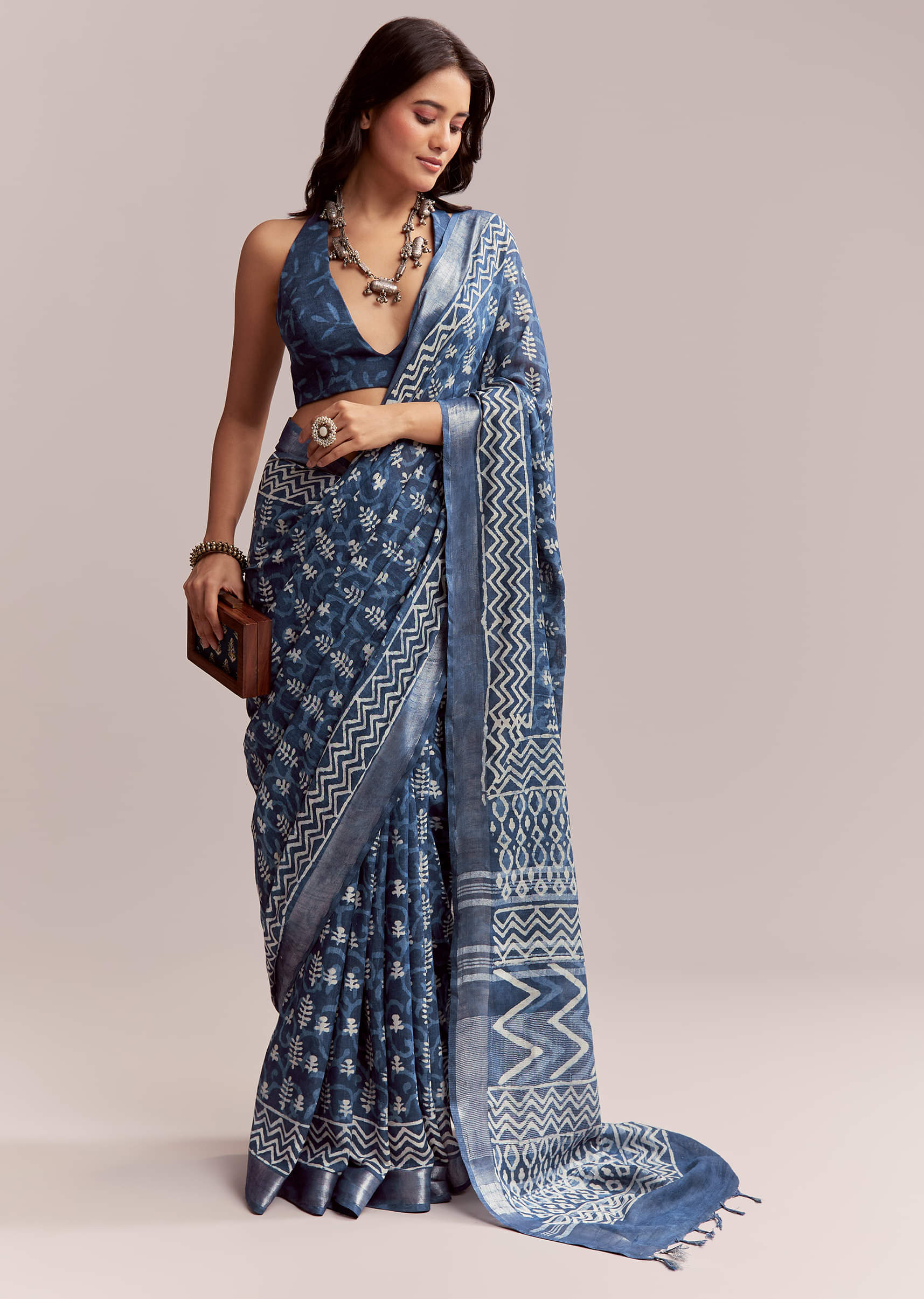 16958-stitched-us-17-stitched-us-17-variation-1.jpg Blue Linen Printed Saree With Heritage Ajrakh Leaf Print