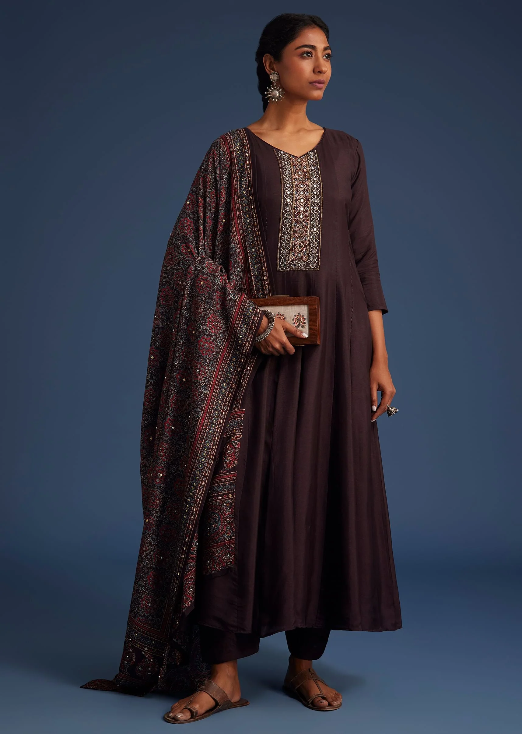 16963-wine-silk-anarkali-set-with-ajrakh-print-dupatta-1.webp Wine Silk Anarkali Set With Ajrakh Print Dupatta
