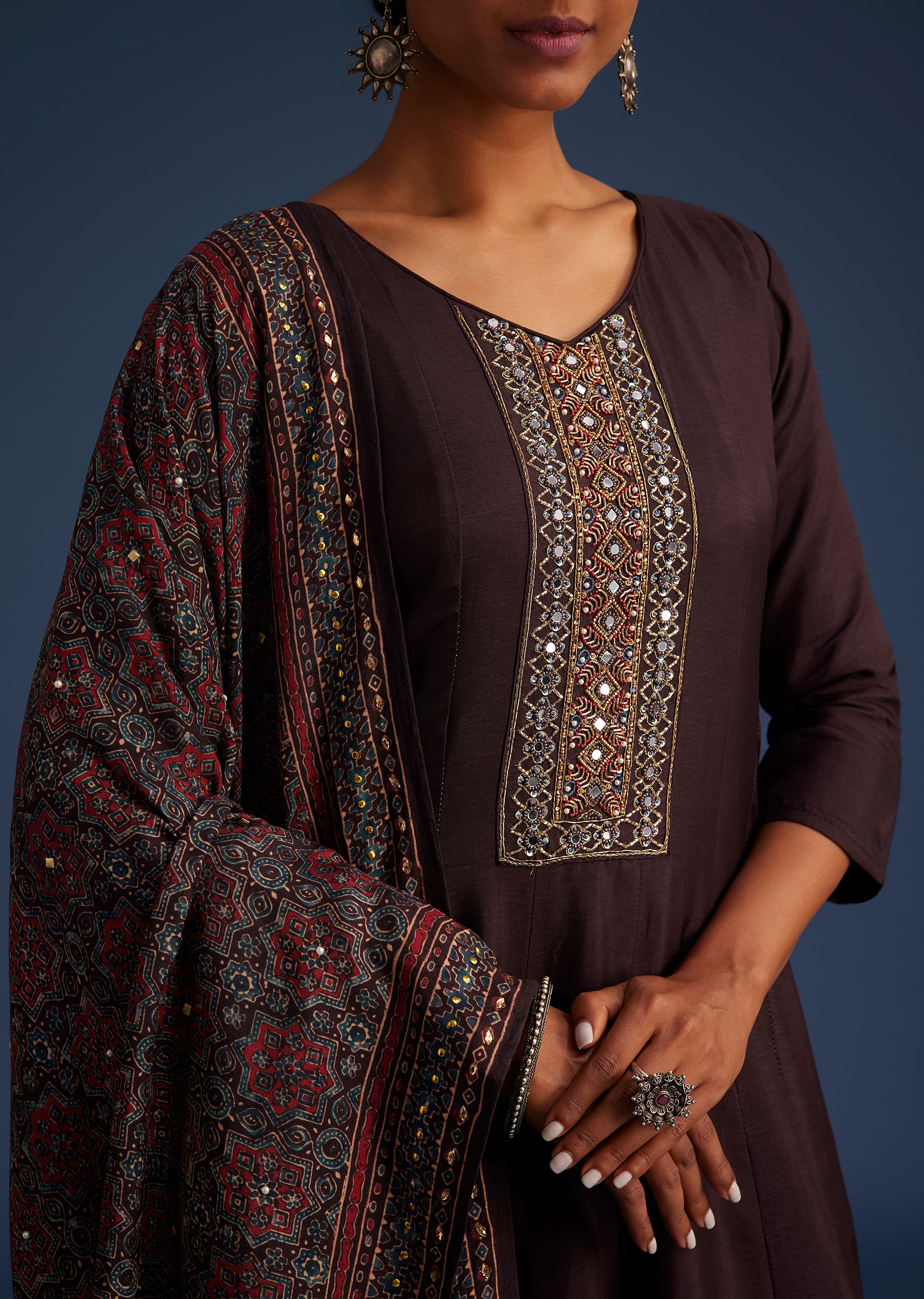 16963-wine-silk-anarkali-set-with-ajrakh-print-dupatta-2.jpg Wine Silk Anarkali Set With Ajrakh Print Dupatta