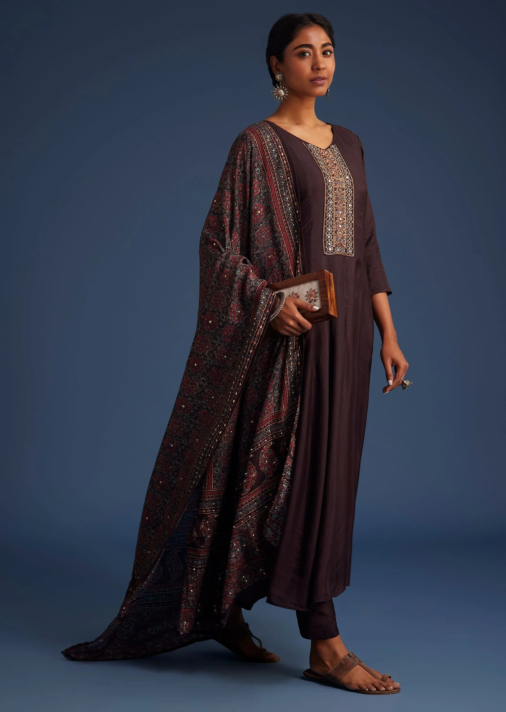 16963-wine-silk-anarkali-set-with-ajrakh-print-dupatta-3.webp Wine Silk Anarkali Set With Ajrakh Print Dupatta