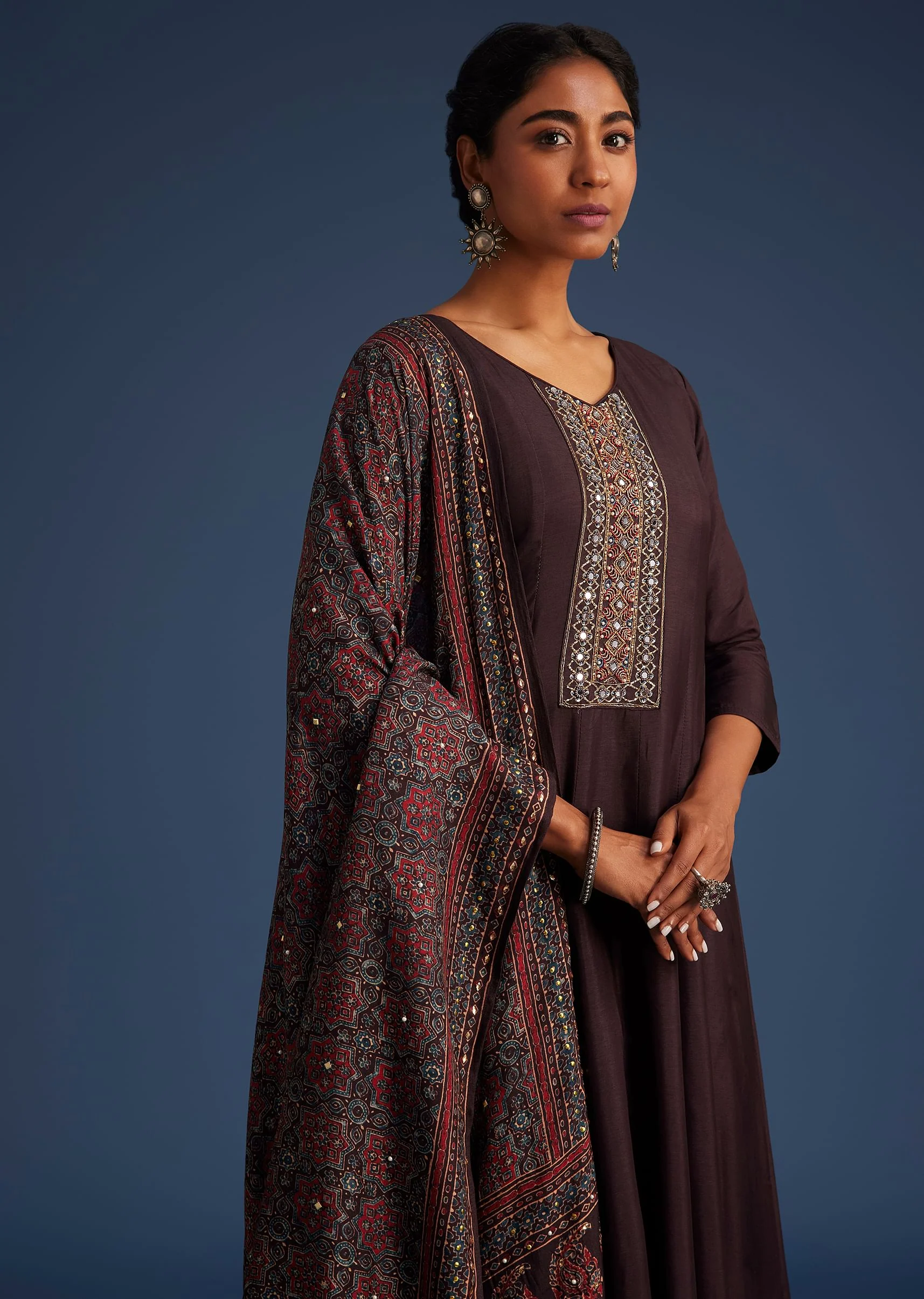 16963-wine-silk-anarkali-set-with-ajrakh-print-dupatta-4.webp Wine Silk Anarkali Set With Ajrakh Print Dupatta