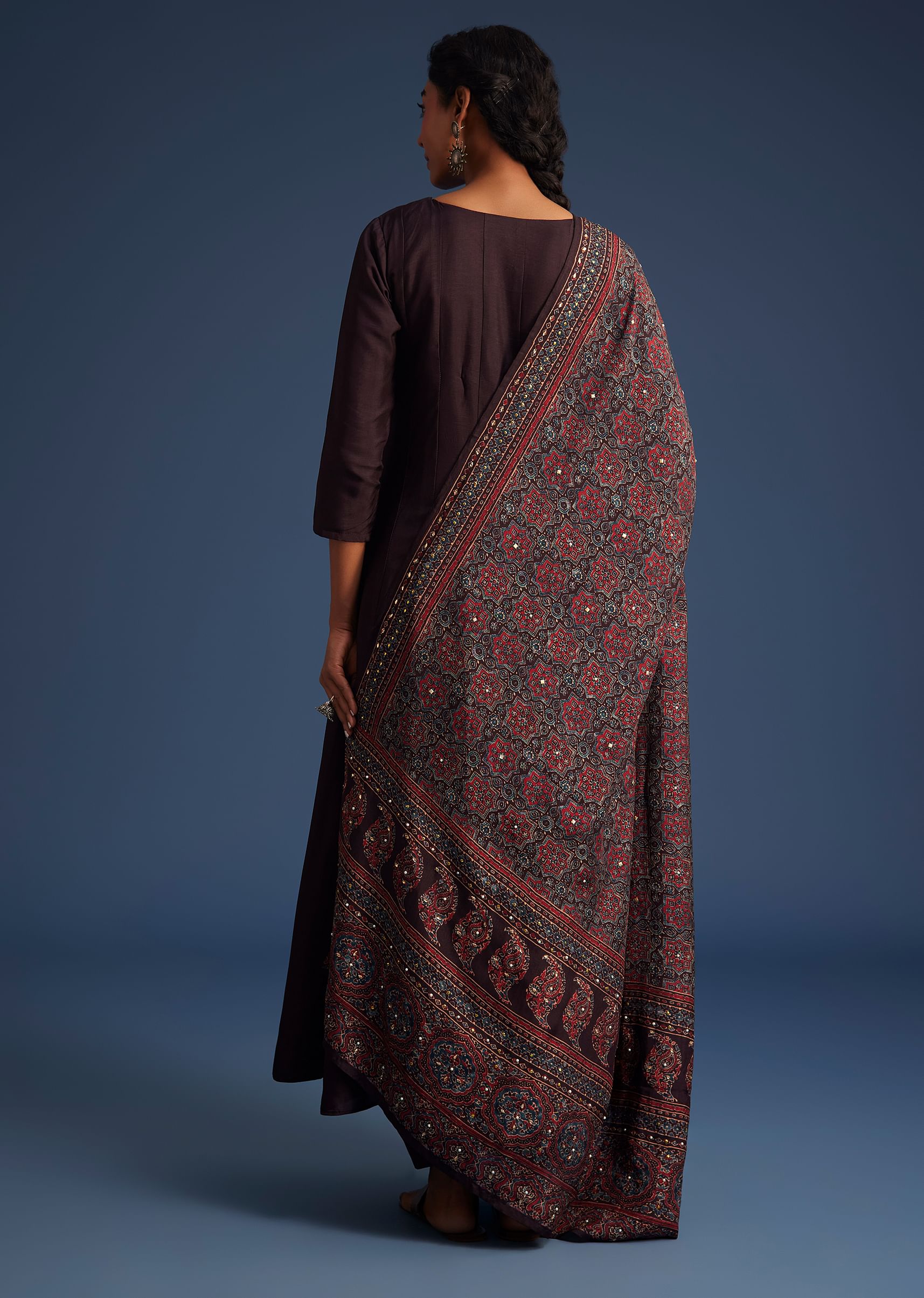 16963-wine-silk-anarkali-set-with-ajrakh-print-dupatta-5.jpg Wine Silk Anarkali Set With Ajrakh Print Dupatta