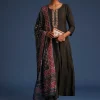 Dark Brown Silk Anarkali Set With Ajrakh Print Dupatta