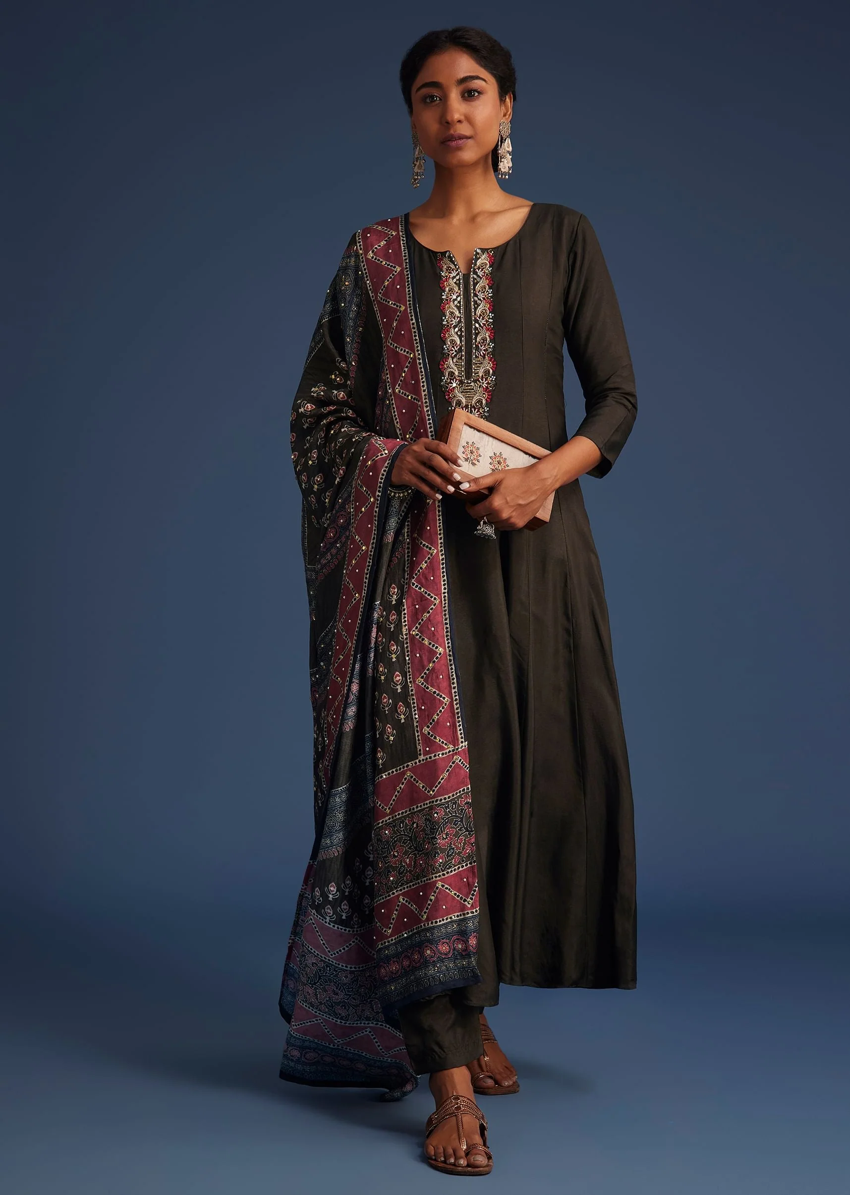 16987-dark-brown-silk-anarkali-set-with-ajrakh-print-dupatta-1.webp Dark Brown Silk Anarkali Set With Ajrakh Print Dupatta