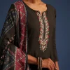 Dark Brown Silk Anarkali Set With Ajrakh Print Dupatta