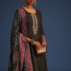 Dark Brown Silk Anarkali Set With Ajrakh Print Dupatta