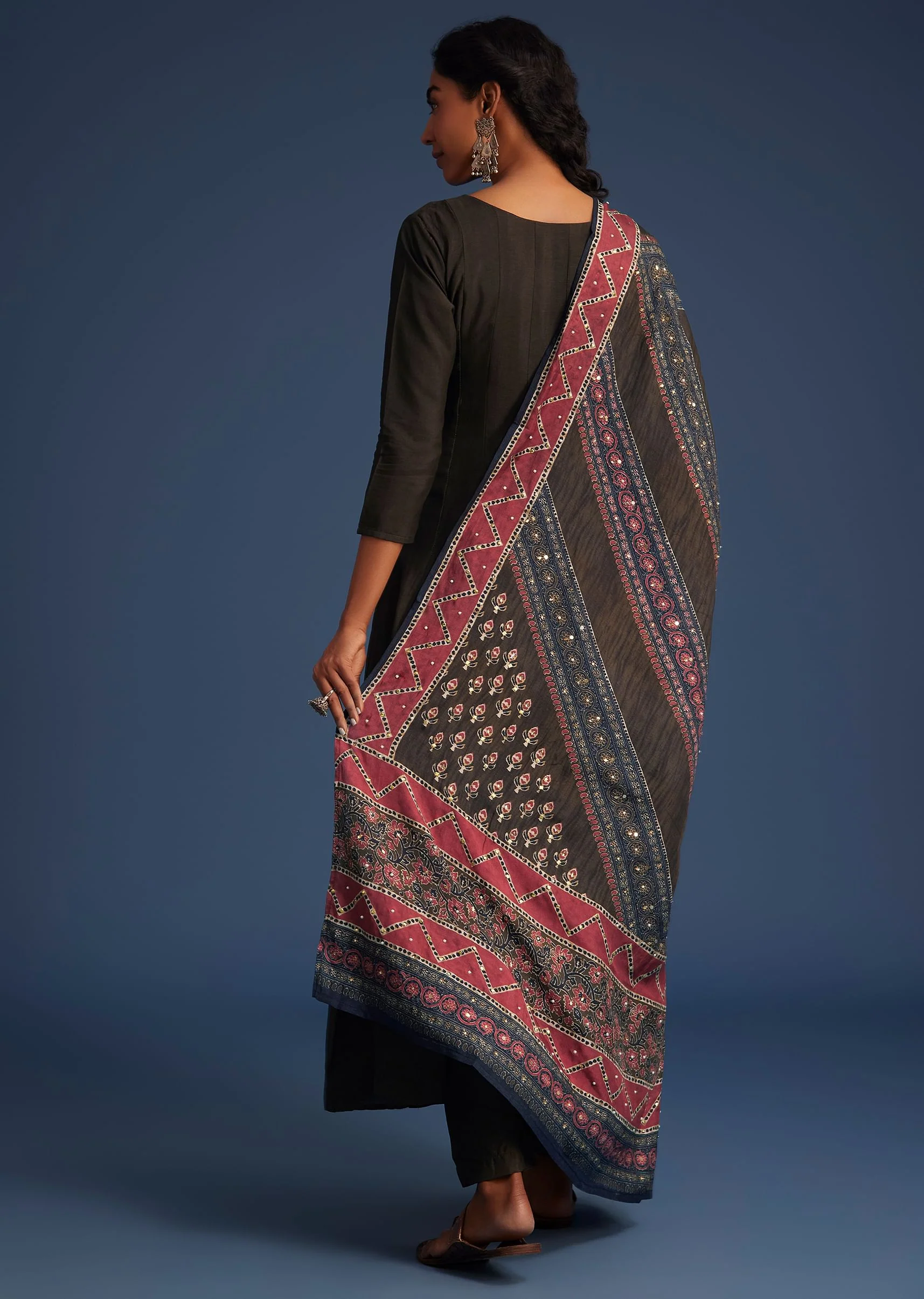 Dark Brown Silk Anarkali Set With Ajrakh Print Dupatta