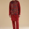 Red Ajrakh Printed Kurta Jacket Set