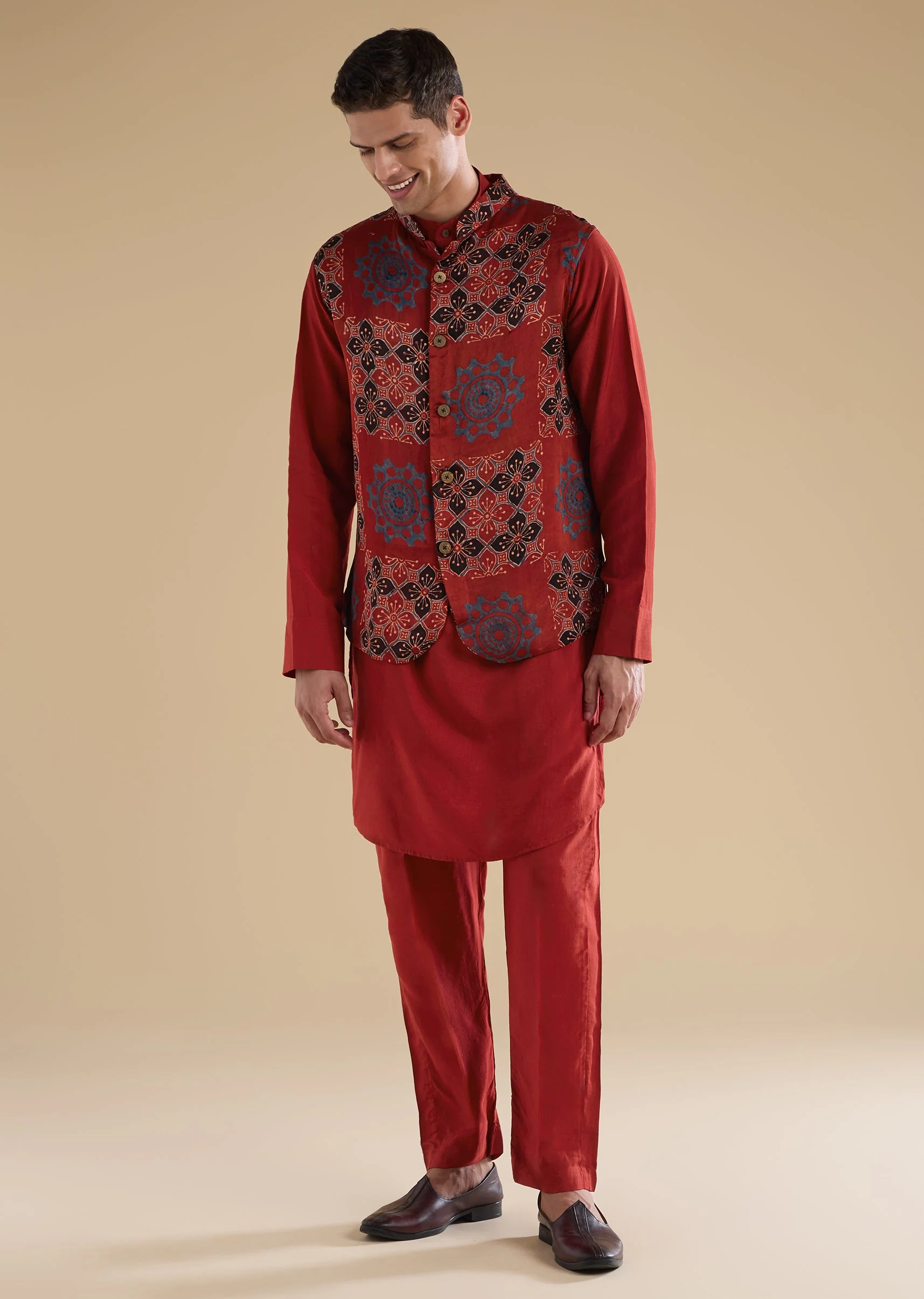 17006-red-ajrakh-printed-kurta-jacket-set-1.webp Red Ajrakh Printed Kurta Jacket Set