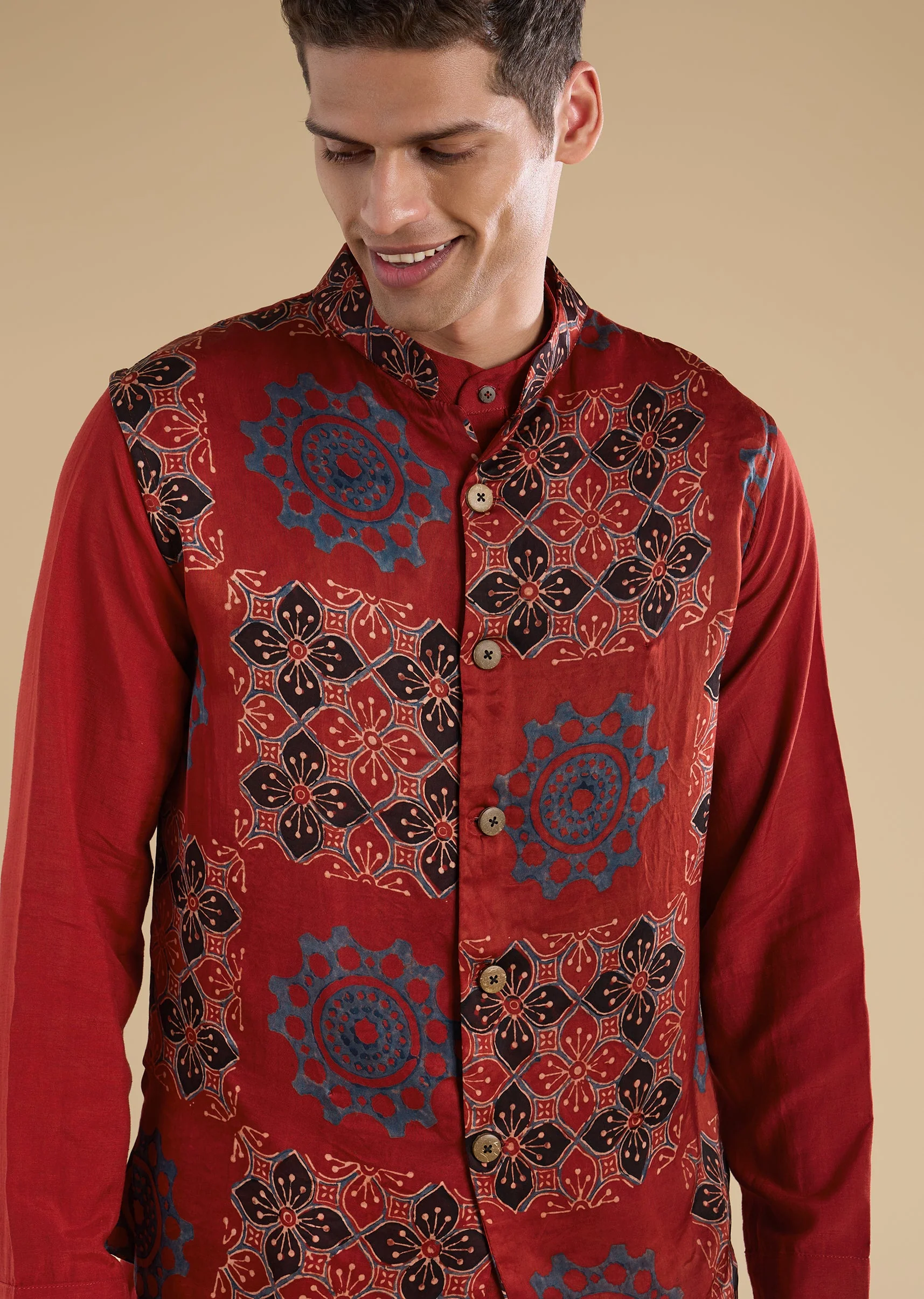 Red Ajrakh Printed Kurta Jacket Set